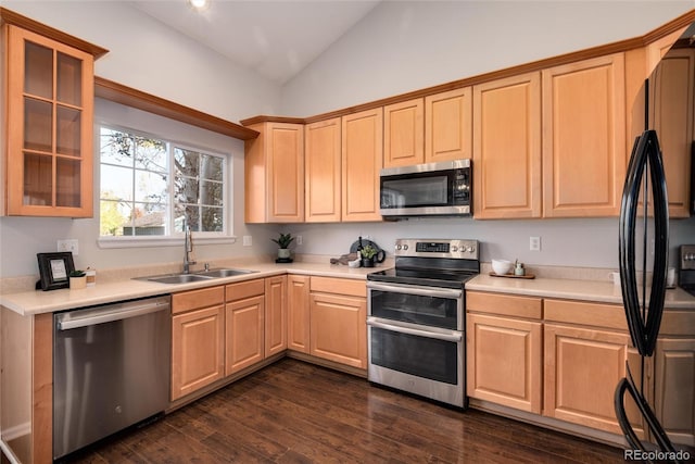 kitchen with vaulted ceiling, appliances with stainless steel finishes, dark hardwood / wood-style floors, light brown cabinets, and sink