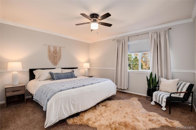 bedroom with carpet flooring, ceiling fan, and ornamental molding