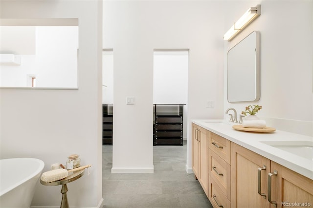 bathroom featuring a sink, a freestanding bath, and double vanity