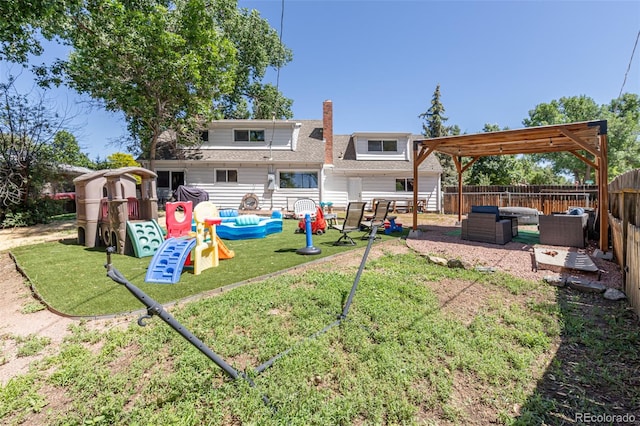 1521 Columbine Blvd, Colorado Springs, CO 80907 - rear view of house featuring outdoor lounge area, a fenced backyard, a patio area, a shingled roof, and a chimney