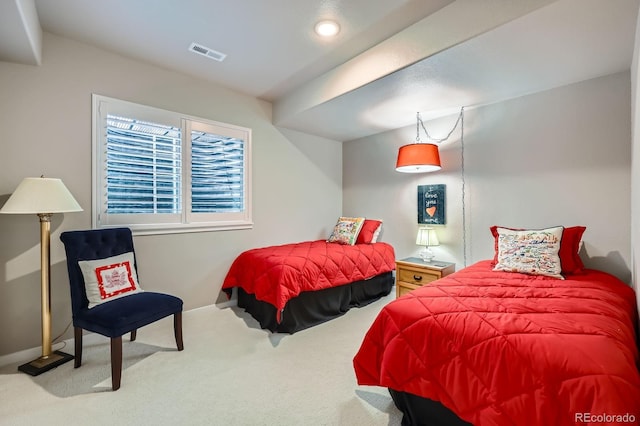 bedroom with recessed lighting, carpet floors, visible vents, and baseboards