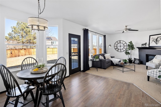 dining room featuring hardwood / wood-style flooring, ceiling fan with notable chandelier, and a fireplace