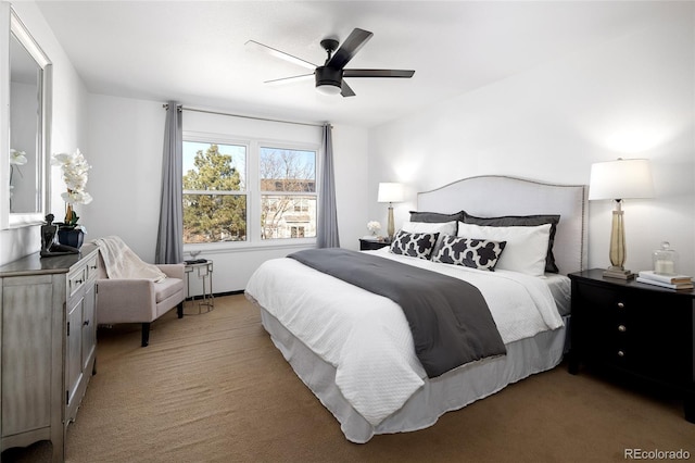 carpeted bedroom featuring ceiling fan