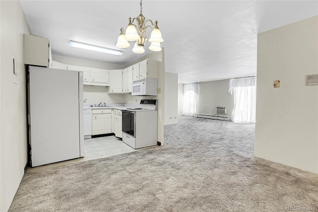 kitchen featuring light colored carpet, white appliances, white cabinetry, light countertops, and pendant lighting