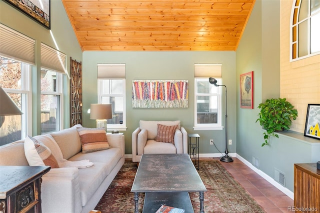 living area featuring wood ceiling, a healthy amount of sunlight, and visible vents