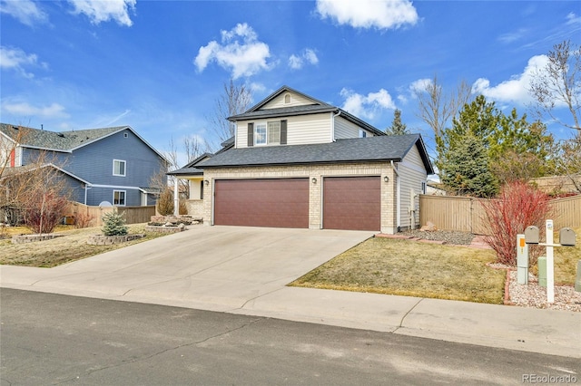 view of front of home with an attached garage, brick siding, fence, concrete driveway, and roof with shingles