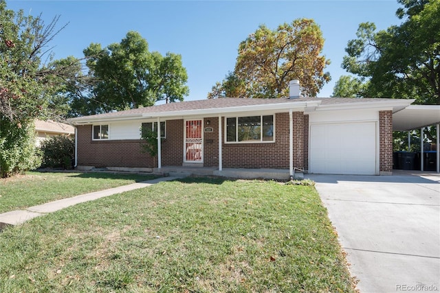 ranch-style home featuring a garage, a front lawn, and a carport