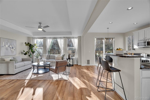 living room featuring a tray ceiling, ceiling fan, and light hardwood / wood-style flooring