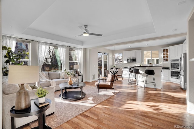 living room with a tray ceiling, light hardwood / wood-style flooring, and ceiling fan