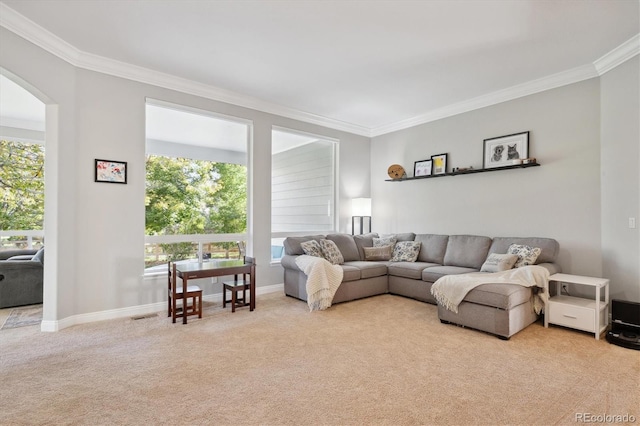 living room with ornamental molding, light colored carpet, and a healthy amount of sunlight