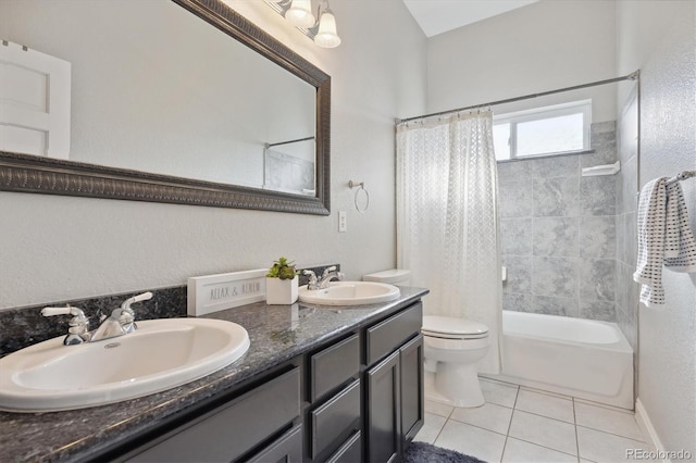 full bathroom featuring vanity, shower / tub combo, toilet, and tile patterned flooring