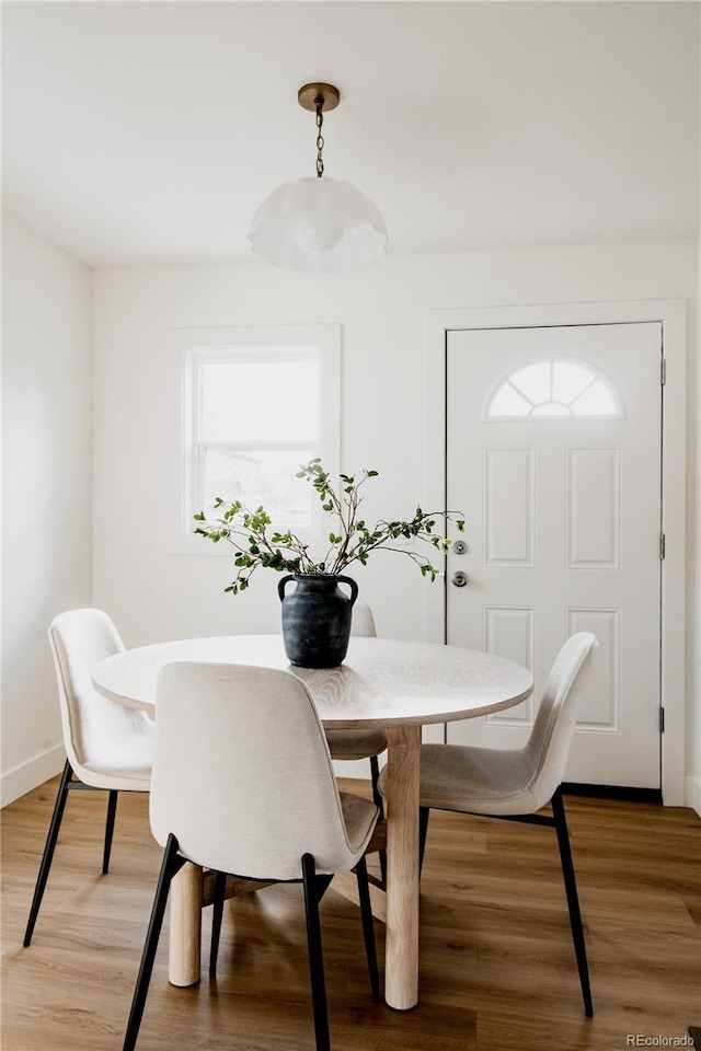 dining space with wood-type flooring