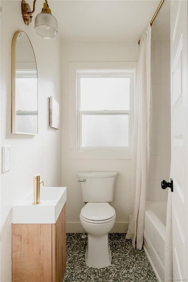 full bathroom featuring vanity, toilet, and shower / bath combo with shower curtain