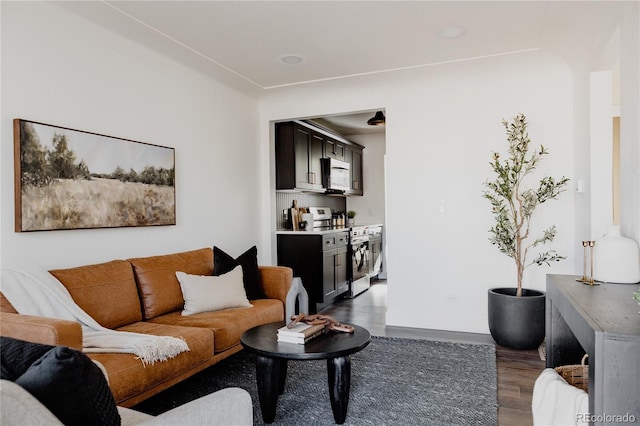 living room with dark wood-type flooring