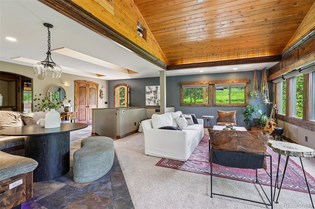 20033 Silver Ranch Rd, Conifer, CO 80433 - living room with wooden ceiling, arched walkways, vaulted ceiling, and recessed lighting