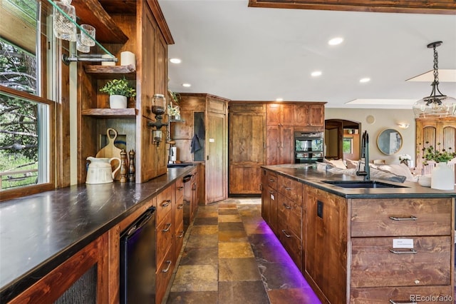 20033 Silver Ranch Rd, Conifer, CO 80433 - kitchen featuring arched walkways, dark countertops, black appliances, recessed lighting, and open shelves