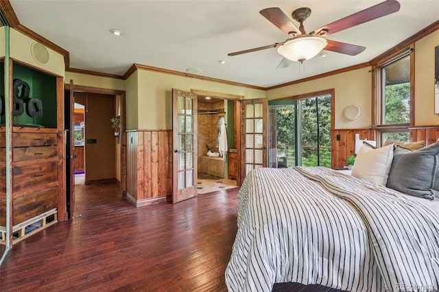 20033 Silver Ranch Rd, Conifer, CO 80433 - bedroom with a wainscoted wall, wood-type flooring, french doors, crown molding, and recessed lighting