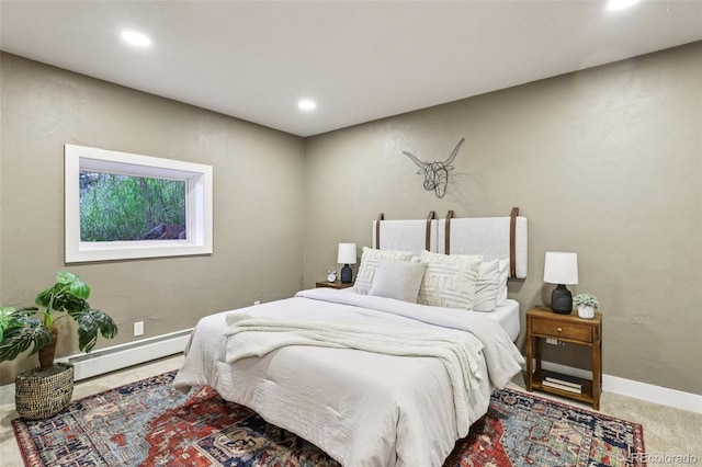 20033 Silver Ranch Rd, Conifer, CO 80433 - bedroom with baseboard heating, carpet floors, and recessed lighting