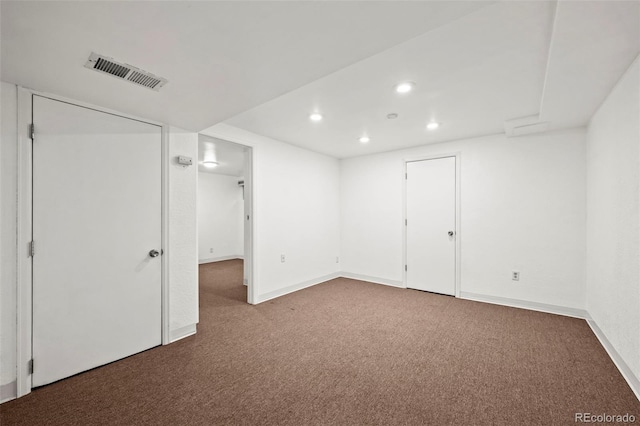 finished basement with carpet, recessed lighting, and baseboards