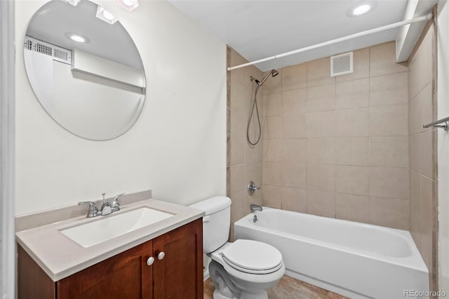 full bathroom with toilet, vanity, shower / bath combination, and recessed lighting