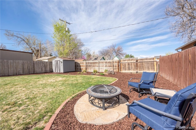 315 Maestes St, Johnstown, CO 80534 - view of yard with an outdoor structure, a storage unit, a fenced backyard, and an outdoor fire pit