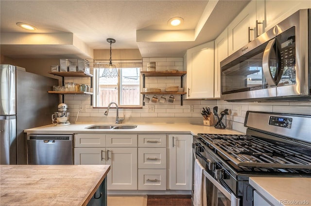 315 Maestes St, Johnstown, CO 80534 - kitchen with light countertops, stainless steel appliances, open shelves, and a sink