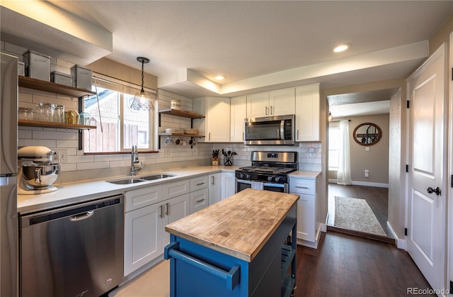 315 Maestes St, Johnstown, CO 80534 - kitchen with open shelves, a sink, wood counters, stainless steel appliances, and white cabinetry