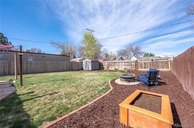 315 Maestes St, Johnstown, CO 80534 - view of yard featuring a fenced backyard, a storage unit, an outdoor structure, and an outdoor fire pit