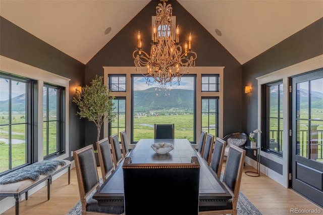 dining room featuring a chandelier, high vaulted ceiling, light hardwood / wood-style flooring, and a healthy amount of sunlight