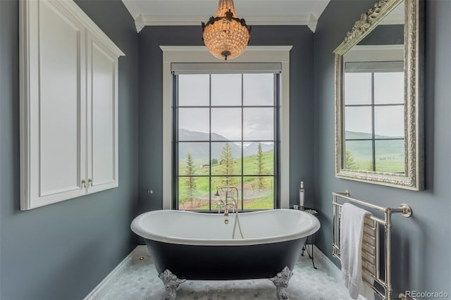 bathroom with a mountain view, ornamental molding, a bathtub, and a healthy amount of sunlight