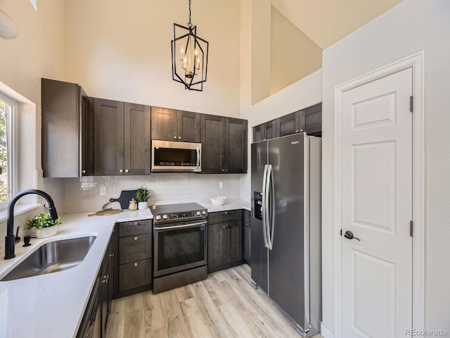 4287 Brookwood Pl, Highlands Ranch, CO 80130 - kitchen with appliances with stainless steel finishes, high vaulted ceiling, tasteful backsplash, light countertops, and light wood-type flooring