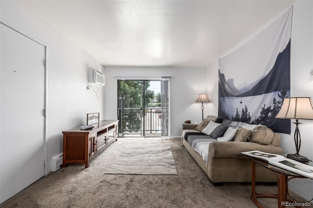 5995 W Hampden Ave Unit 20B, Denver, CO 80227 - living room featuring carpet flooring, a baseboard radiator, and a wall mounted AC
