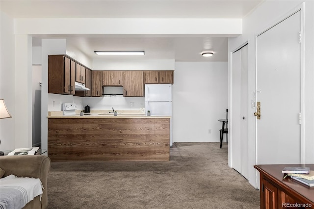 5995 W Hampden Ave Unit 20B, Denver, CO 80227 - kitchen featuring carpet floors, under cabinet range hood, open floor plan, a peninsula, and light countertops