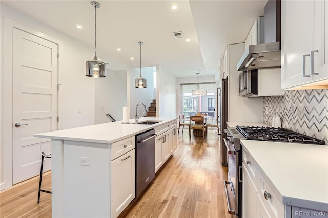 kitchen with appliances with stainless steel finishes, a sink, light wood-type flooring, decorative backsplash, and an island with sink