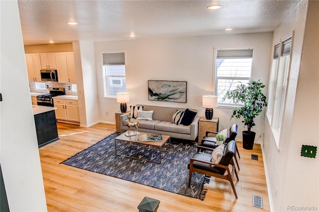 living area featuring baseboards, a textured ceiling, light wood finished floors, and visible vents