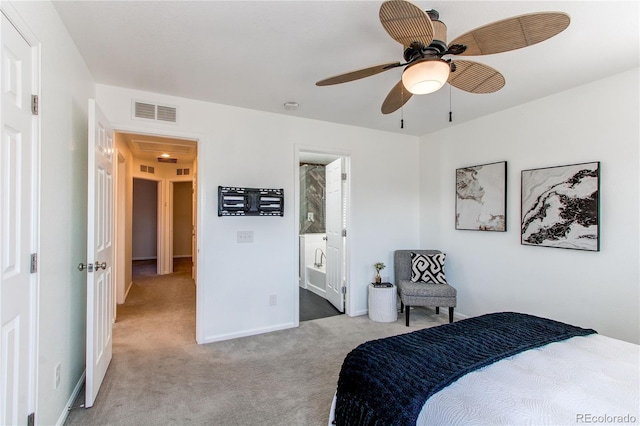 carpeted bedroom featuring baseboards, visible vents, and ceiling fan