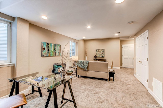 carpeted home office featuring recessed lighting, baseboards, and visible vents