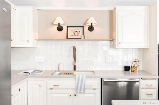 kitchen with a sink, white cabinets, light countertops, dishwasher, and tasteful backsplash