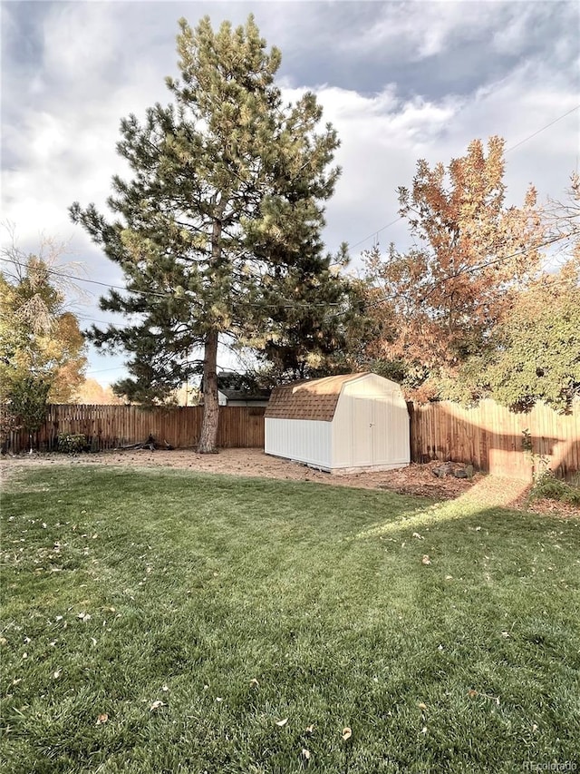 view of yard with a shed, an outdoor structure, and a fenced backyard