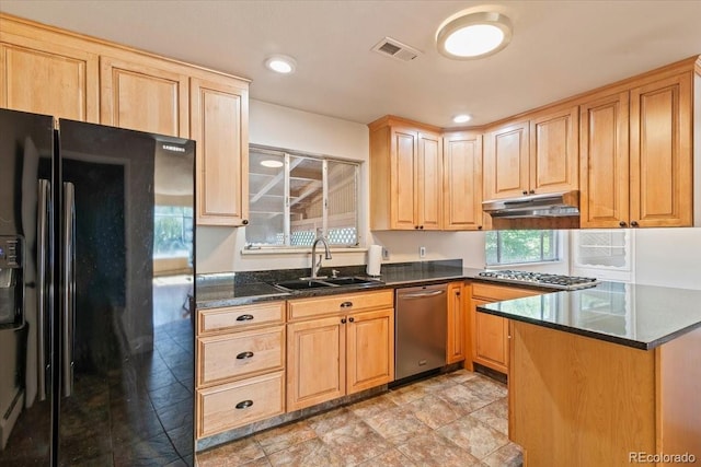 kitchen featuring visible vents, a sink, appliances with stainless steel finishes, light brown cabinetry, and under cabinet range hood