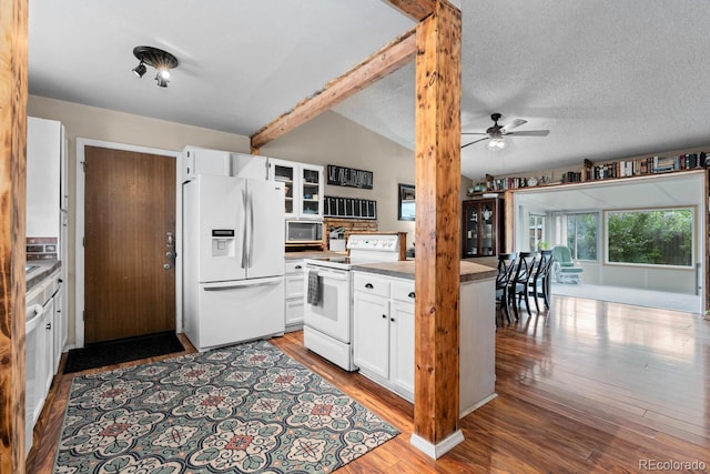 kitchen with a ceiling fan, glass insert cabinets, white appliances, wood finished floors, and white cabinets