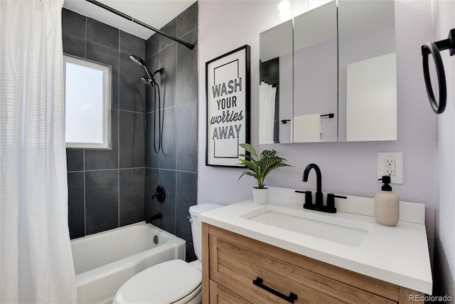 full bathroom with vanity, toilet, and shower / bathtub combination with curtain