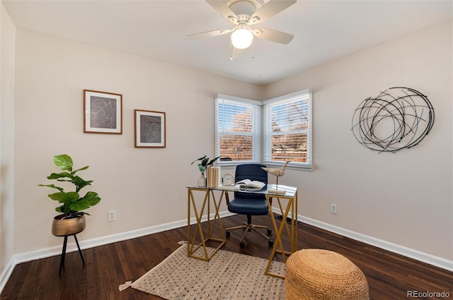 office area featuring ceiling fan and hardwood / wood-style floors