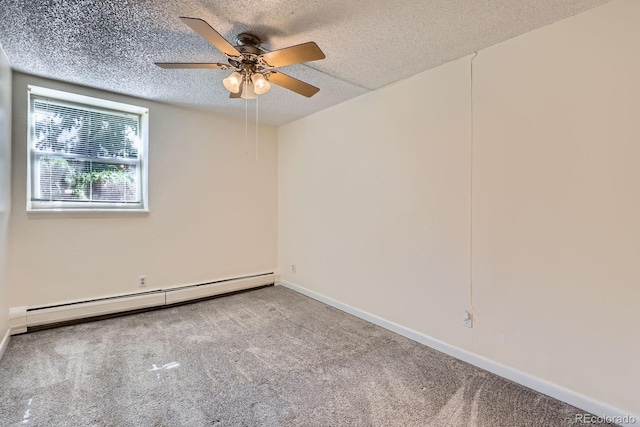 1400 Golden Cir Unit 102, Golden, CO 80401 - spare room featuring a baseboard radiator, carpet floors, a textured ceiling, and a ceiling fan