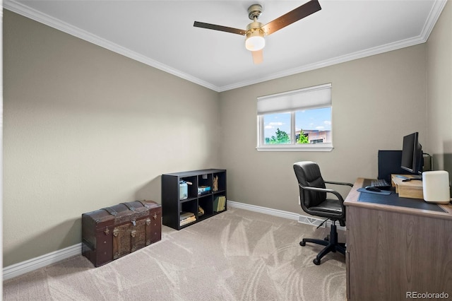 5320 W 62nd Ave, Arvada, CO 80003 - carpeted home office featuring crown molding and a ceiling fan