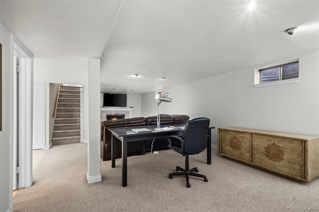 5320 W 62nd Ave, Arvada, CO 80003 - home office with light carpet and a lit fireplace