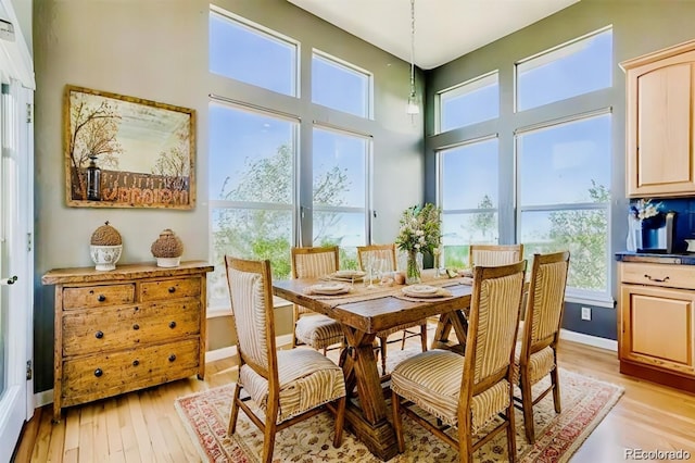 dining room with a high ceiling, plenty of natural light, and light hardwood / wood-style flooring