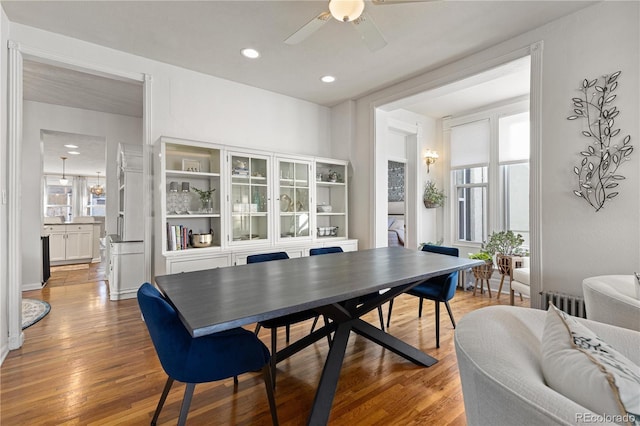 dining area featuring a ceiling fan, a healthy amount of sunlight, and wood finished floors