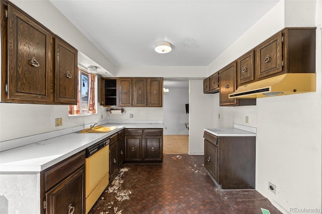 kitchen with open shelves, a sink, light countertops, dishwashing machine, and dark brown cabinets