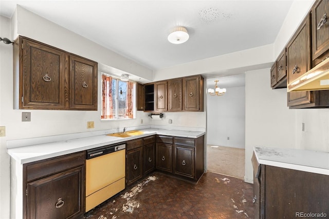 kitchen with a notable chandelier, dark brown cabinets, dishwasher, and light countertops